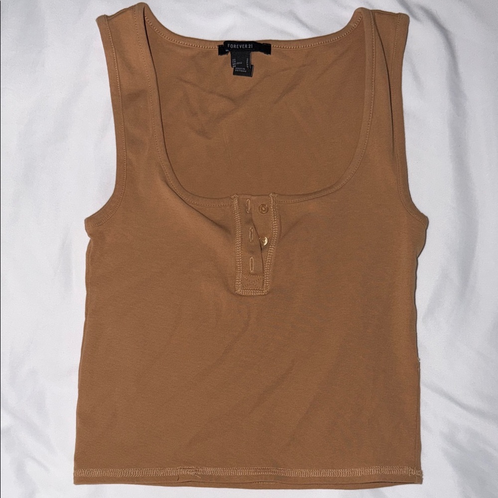 Forever 21 Tan Tank Top Quarter Button Down